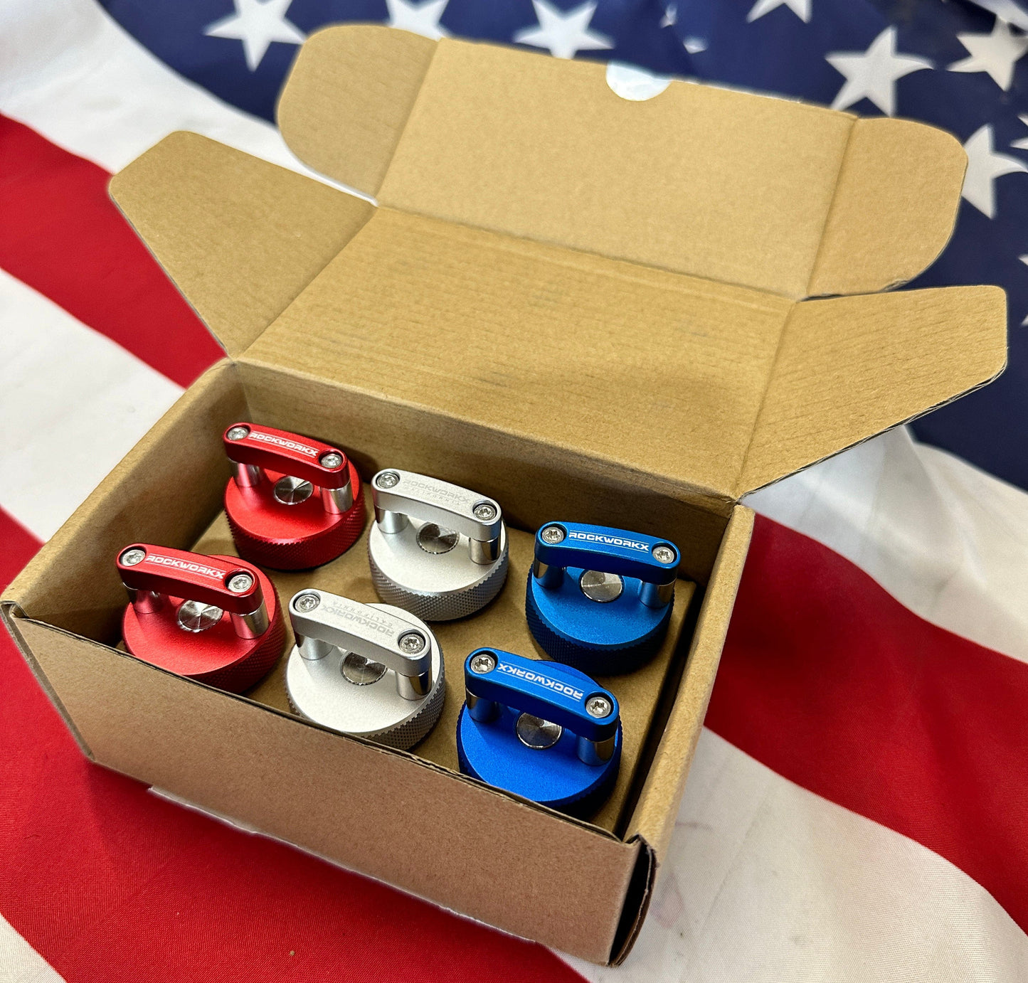 JEEP WRANGLER JKU, JLU Hard Top Thumb Screws - LIMITED EDITION Red, White & Blue - 6 Piece Set