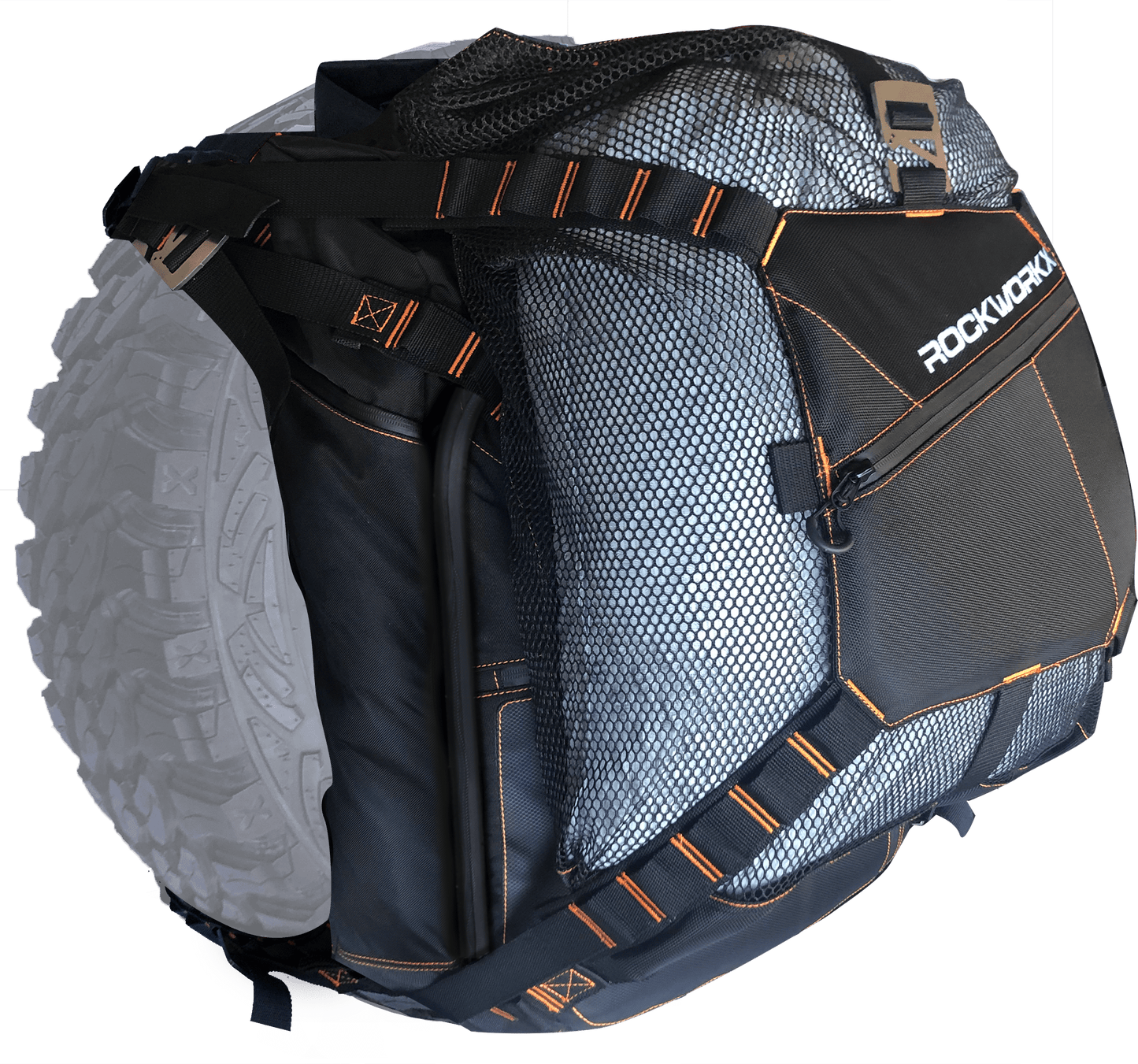 mesh bag with orange trim for tire harness for Jeep Wrangler with visible Rockworkx branding on a transparent background