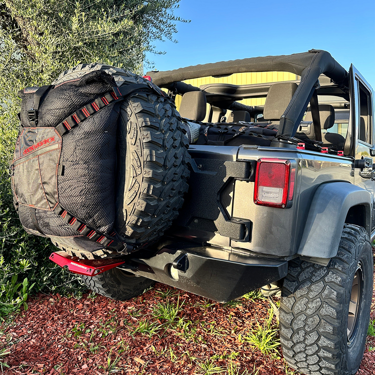 Rockworkx 4x4 Gear Mesh Bag on Rear Tire Red Thread molle straps