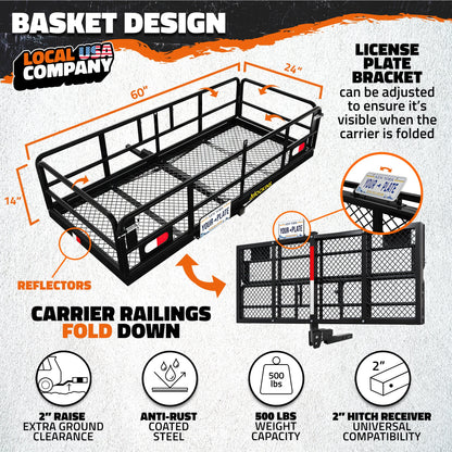 60"x24"x14" High Rail Hitch Carrier & 30 Cu Ft Cargo Bag