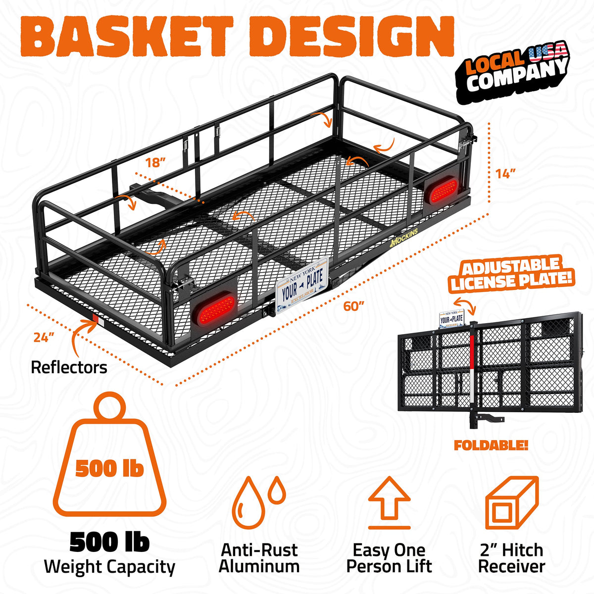 60"x24"x14" High Rail Hitch Carrier + Rear Lights & 30 Cu Ft Cargo Bag