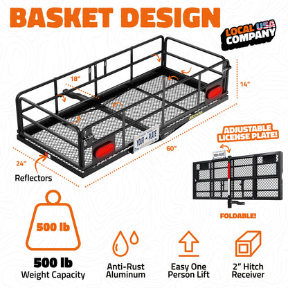 60"x24"x14" High Rail Hitch Carrier + Rear Lights & 30 Cu Ft Cargo Bag