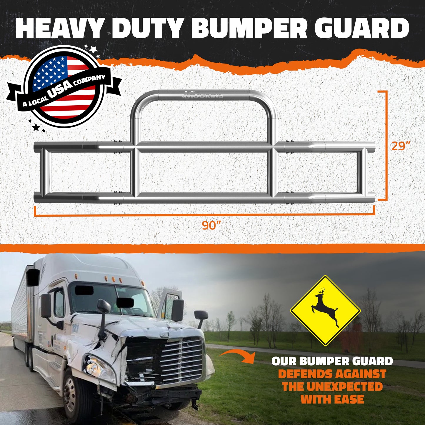 90"x11.5"x29" Front Bumper Guard with Mounting Brackets for Volvo VNL 2018-2023