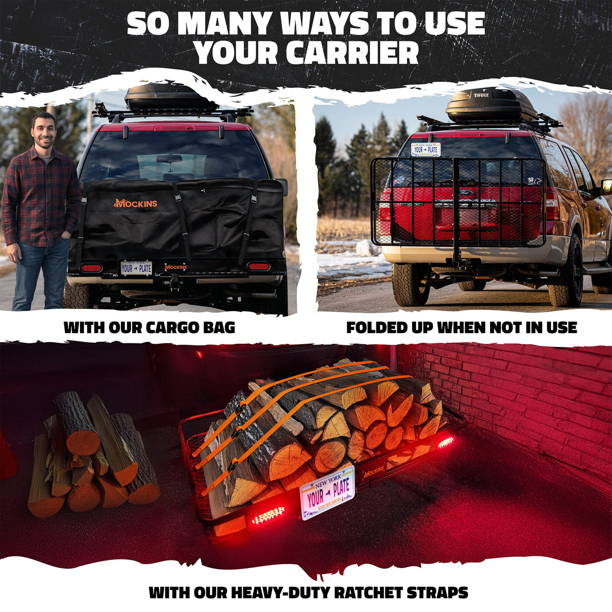 72"x36"x6" XXL Hitch Carrier + Rear Lights & 50 Cu Ft Cargo Bag