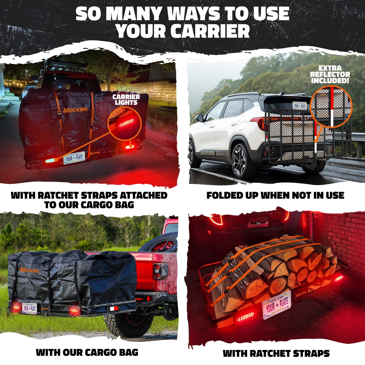 72"x36"x6" XXL Hitch Carrier + Rear Lights & 50 Cu Ft Cargo Bag