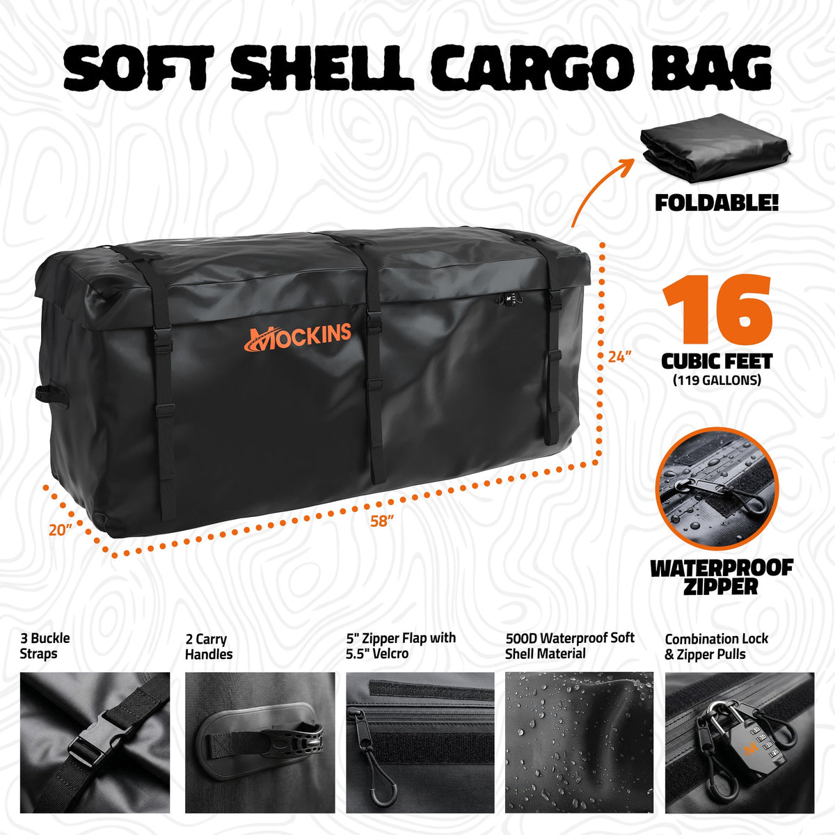 60"x20"x6" Hitch Carrier with 6" Shank Rise & 16 Cu Ft Cargo Bag