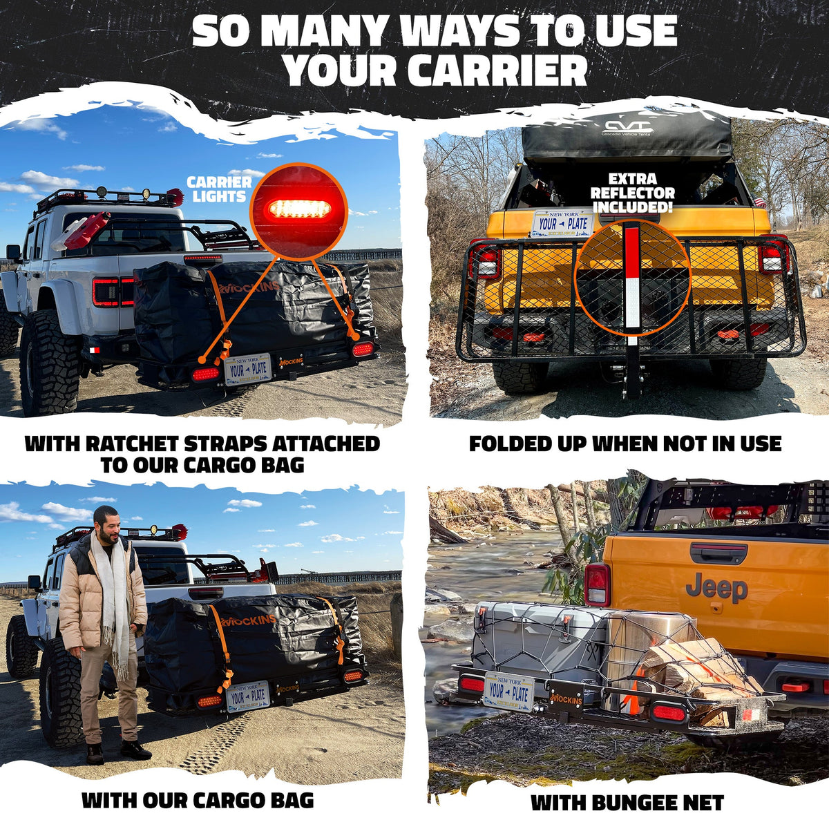 60"x20"x6" Hitch Carrier + Rear Lights & 20 Cu Ft Cargo Bag