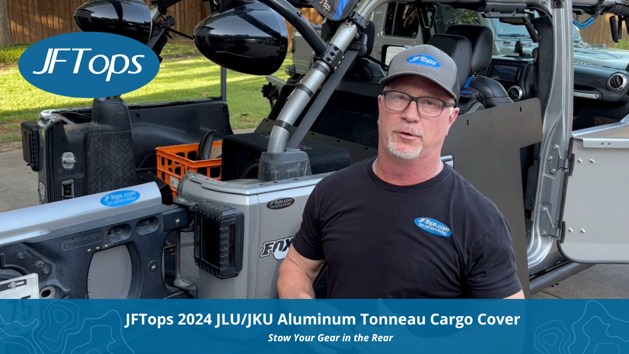 Load video: JFTops 2024 JLU-JK Aluminum Tonneau Cargo Cover Install Video