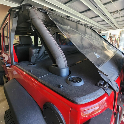 Red slantback Wrangler JKU with JFTops cargo cover rhino lined