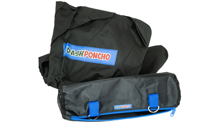 Black Dash Poncho and storage bag with blue accents on a white background