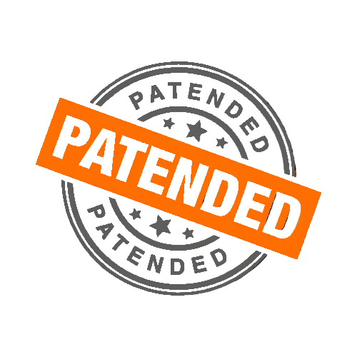 A circular gray stamp with the word 'PATENDED' repeated around the border, overlaid with a bold orange diagonal banner containing the word 'PATENDED' in white.