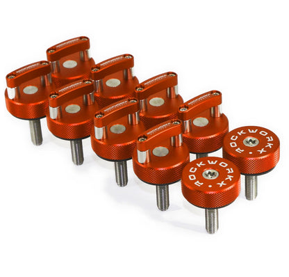 FORD BRONCO 4 DOOR 10 PIECE SET, 8 Hard Top Quick Removal Fastener Thumb Screws, integrated D Ring Billet Aluminum + 2 Torx  T40 Forward Bolts
