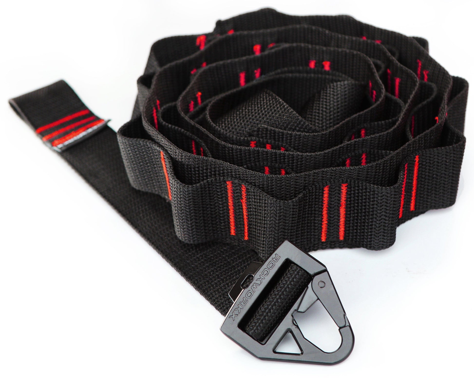 Rockworkx 2 in tie-down strap with 1.5 in molle connector Red thread